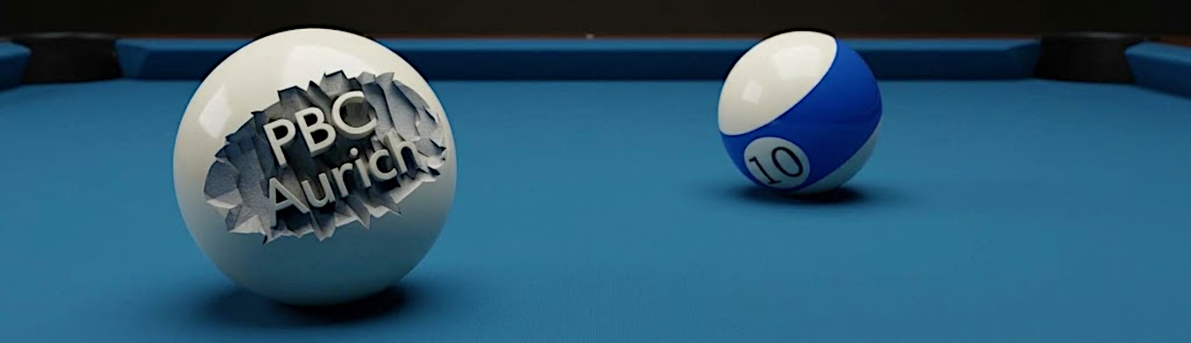 Spielball mit PBC-Aurich-Logo und die 10 auf blauem Billardtuch