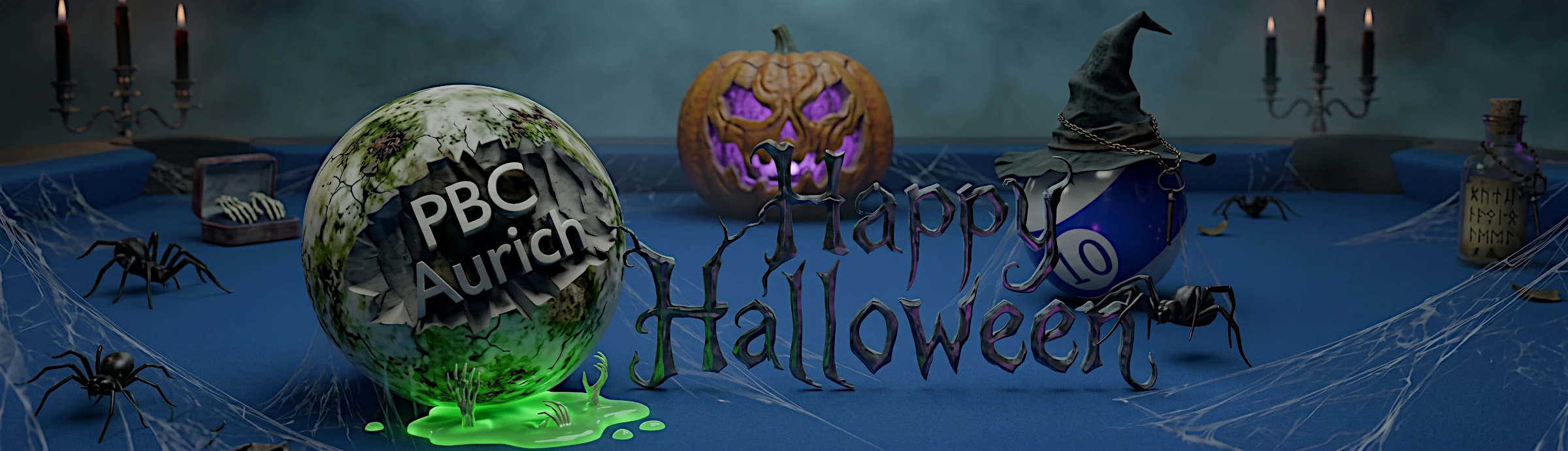 Schriftzug Happy Halloween mit Kürbissen zwischen den Billardkugeln